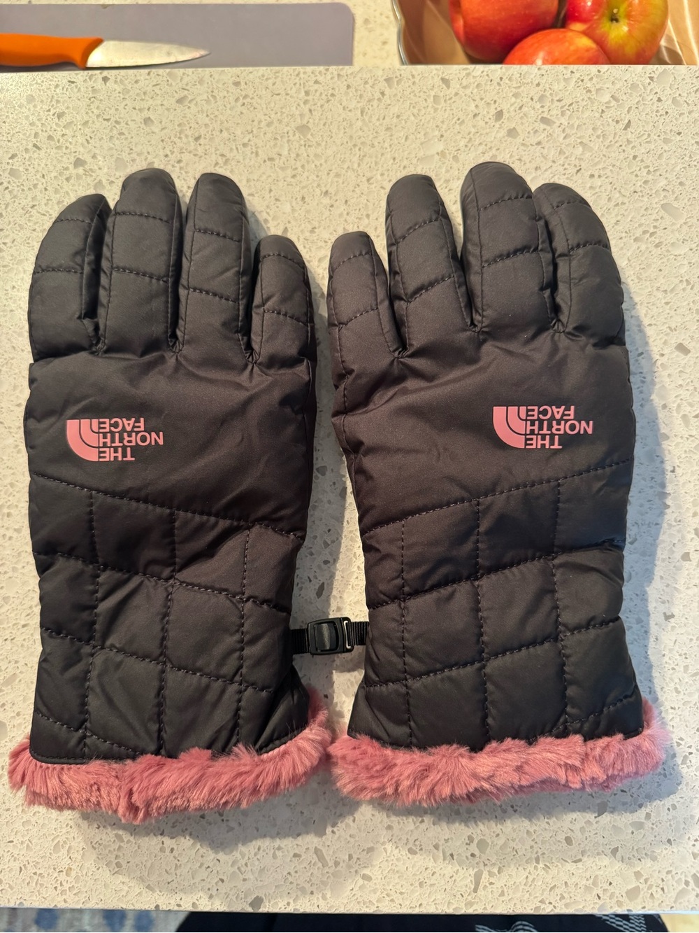 The North Face Black Quilted Gloves with Pink Faux-Fur Trim